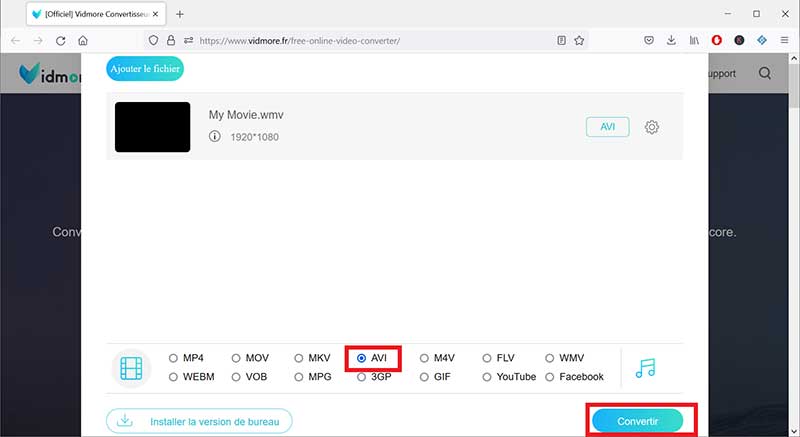 Choisir AVI comme le format de sortie sur Vidmore Convertisseur Vidéo Gratuit en Ligne
