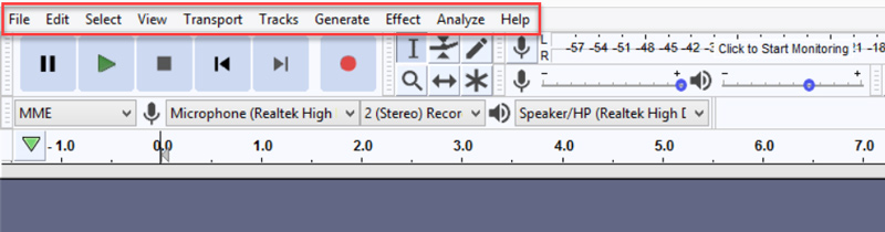 Barres de menus Audacity