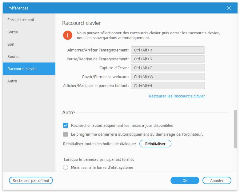 Raccourcis clavier