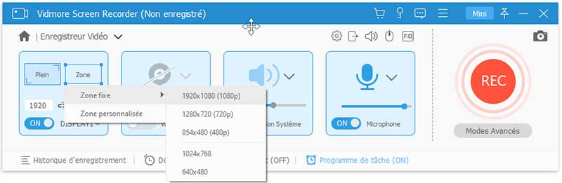 Sélectionner la zone d'enregistrement