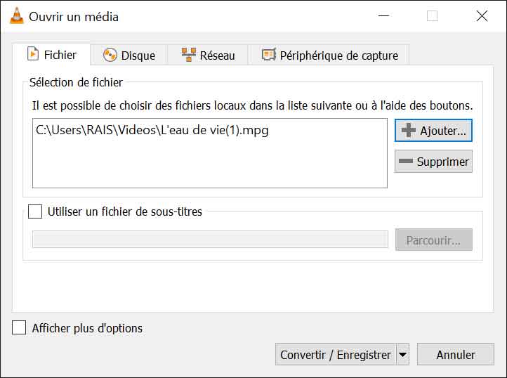 Ajouter le fichier MPG sur VLC