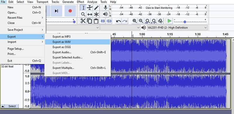 Audacity convertir un fichier en WAV