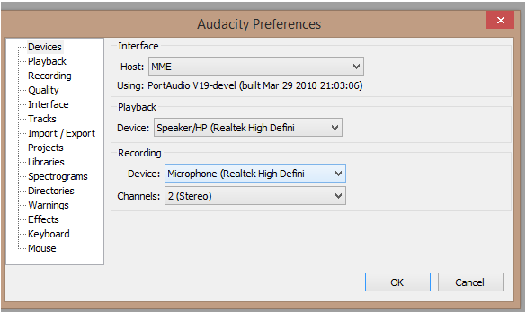 Préférences Audacity
