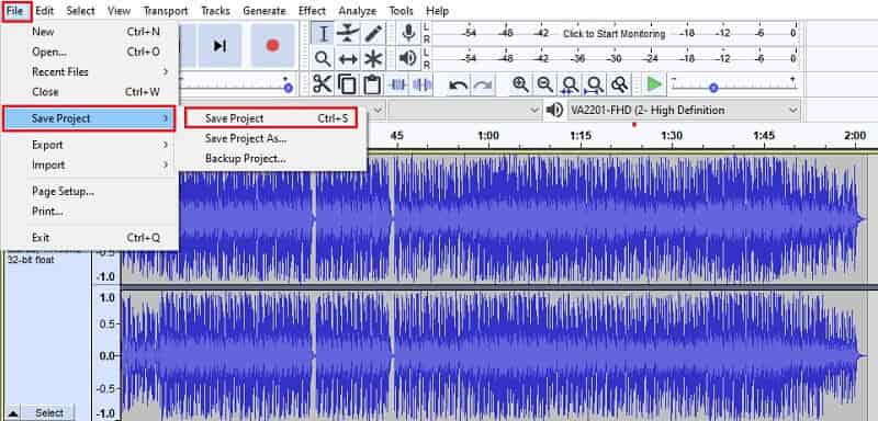 Audacity Enregistrer le fichier projet