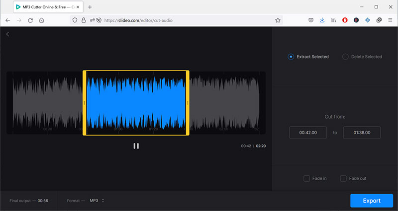 Coupeur de musique audio Clideo Interface Cut