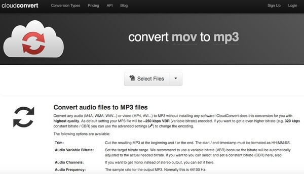 Convertir MOV en MP3 ave Cloudconvert