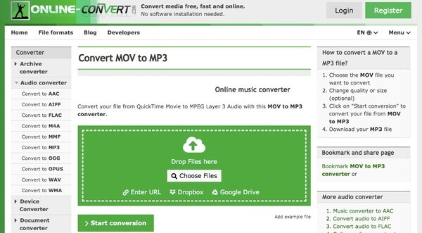Convertir MOV en MP3 avec Online Convert