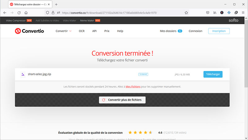 La convertion GIF en JPG terminée avec Convertio