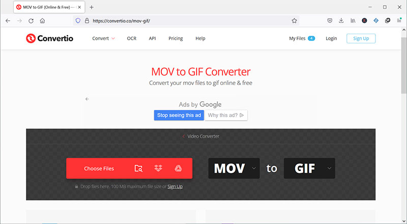 Convertir MOV en GIF avec Convertio