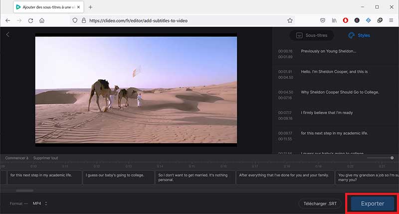 Exporter la vidéo incrusté les sous-titres dans Clideo