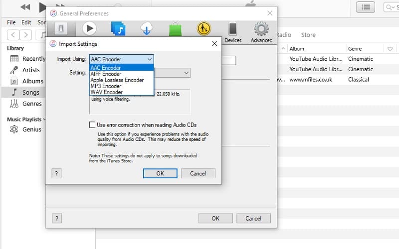 Interface de conversion audio iTunes
