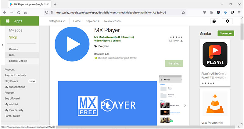 L'interface de MX Player