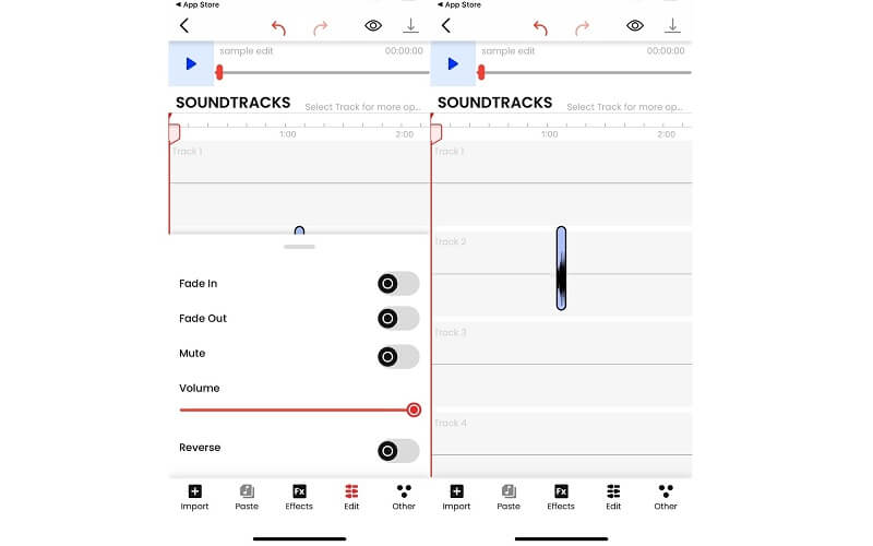 Interface mobile de l'éditeur de musique