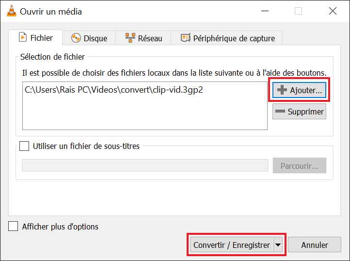 Ajouter un fichier 3GP dans VLC