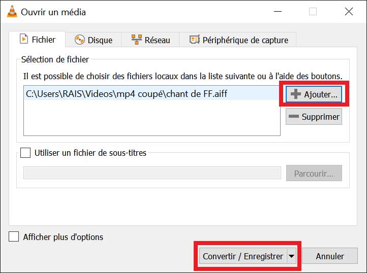 Importer le fichier AIFF dans VLC