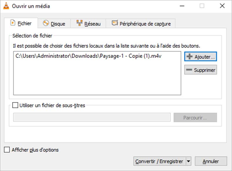 Ajouter le fichier M4V sur VLC