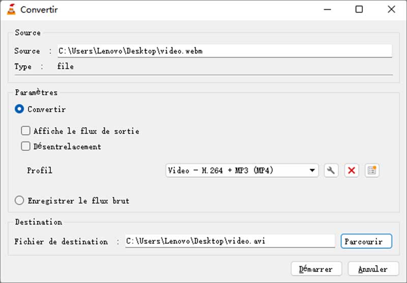 Convertir WEBM en AVI sur VLC