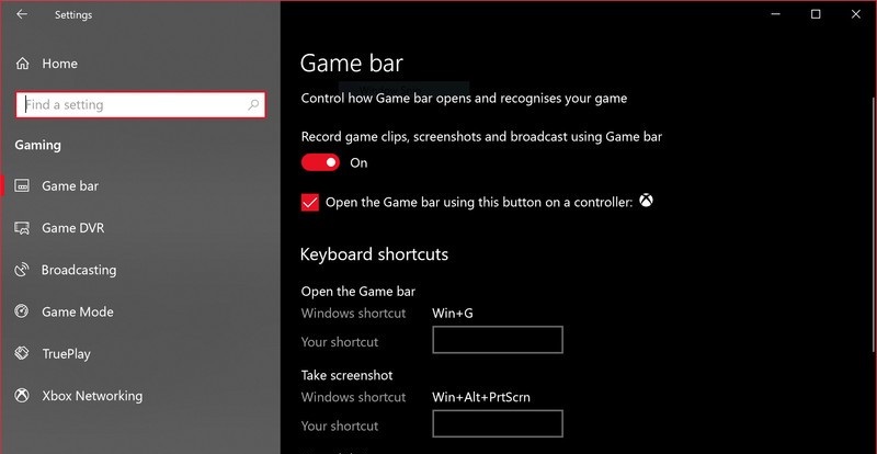 Menu de la barre de jeu Windows 10