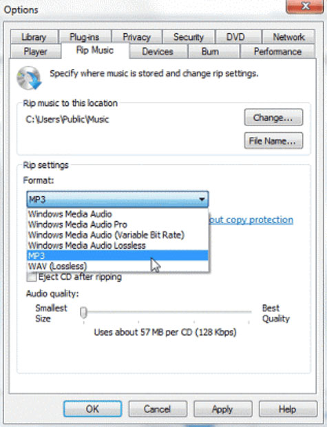 L'option Windows Media Player