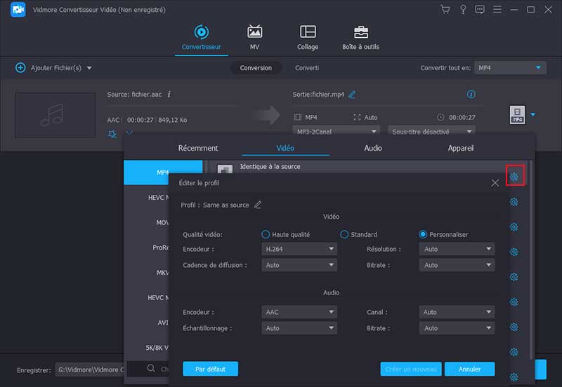 AAC en MP4 - modifier les réglages